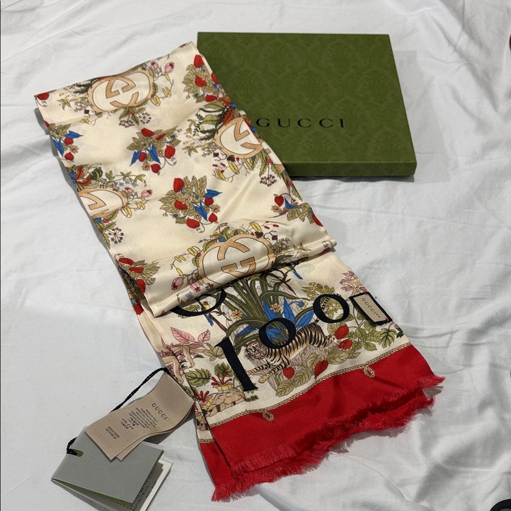 NWT, never used Gucci Silk Scarf with Red and Cream Floral Design